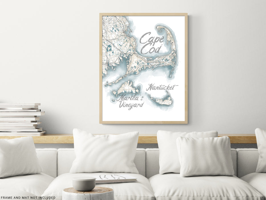 Cape Cod Marthas Vineyard Nantucket Island Watercolor Style Contour Map Wall Art Print Poster