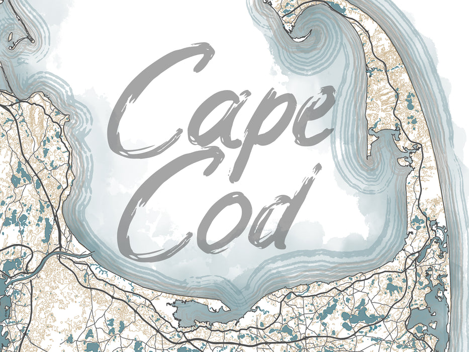 Cape Cod Marthas Vineyard Nantucket Island Watercolor Style Contour Map Wall Art Print Poster