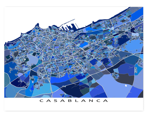 Casablanca Morocco city map print with a blue geometric design by Maps As Art.