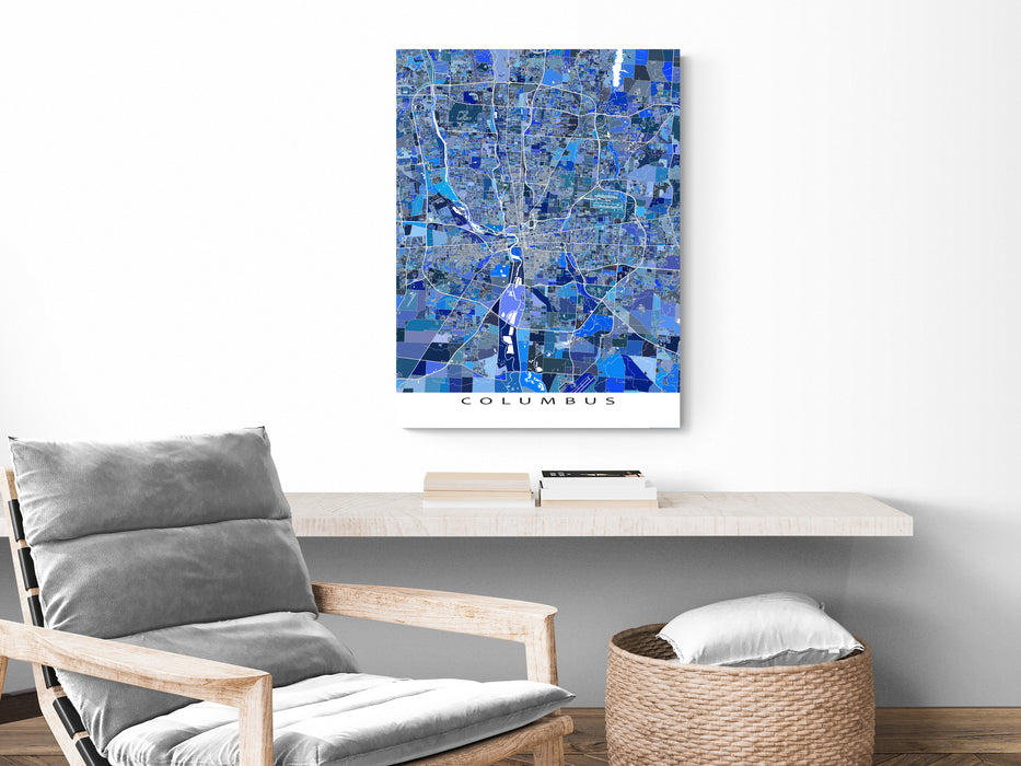 Columbus, Ohio map art print in blue shapes designed by Maps As Art.