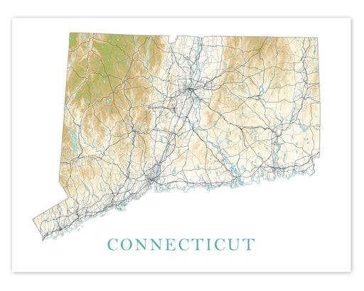 Connecticut State Wall Art Map Print Poster, Topographic Landscape Road Maps, New England