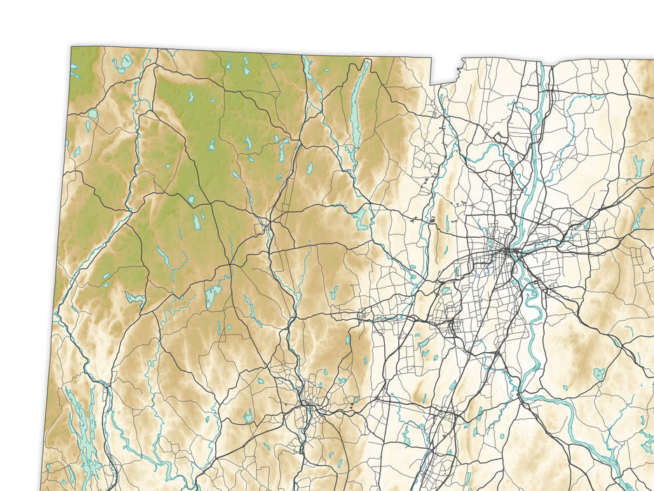 Connecticut State Wall Art Map Print Poster, Topographic Landscape Road Maps, New England