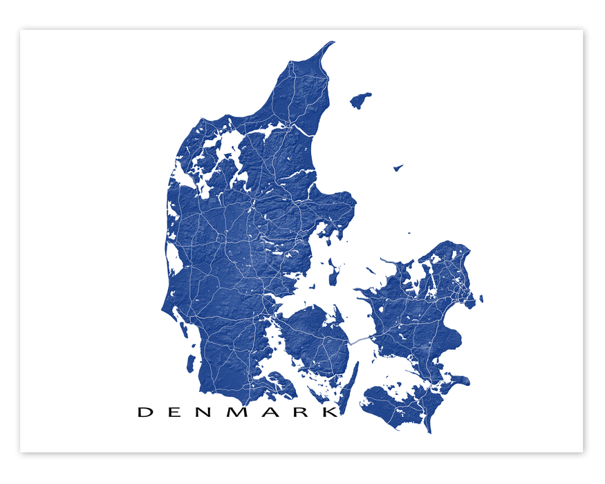 Denmark Map Wall Art Print Poster, Topographic Road Maps, Copenhagen