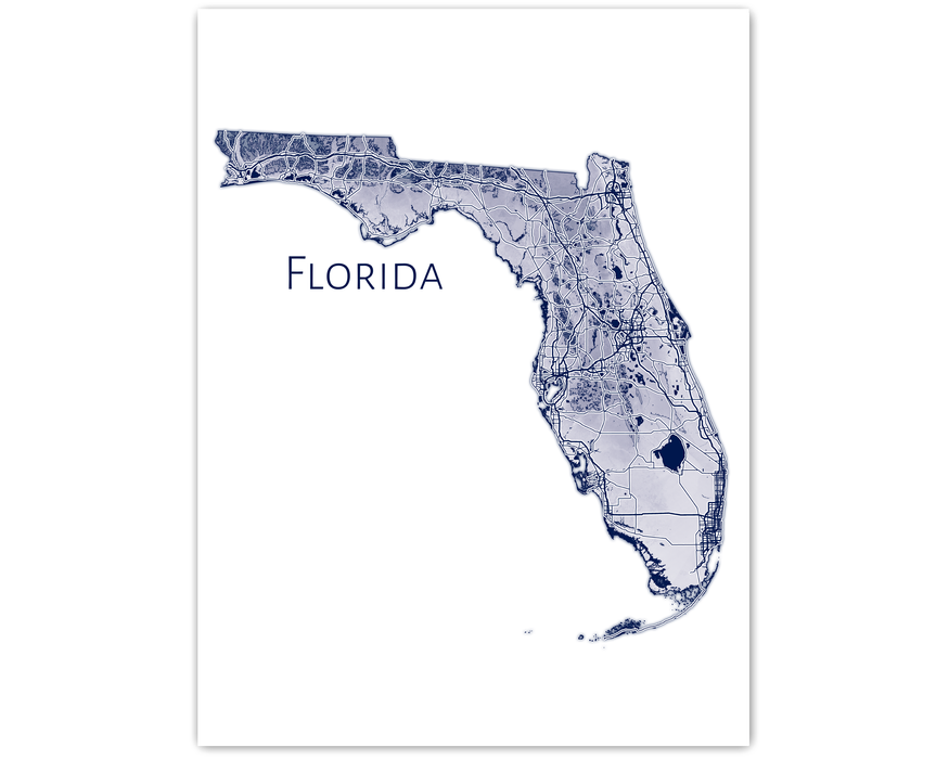 Florida State Map Wall Print Poster with Topographic Contour Line Art and Main Roads