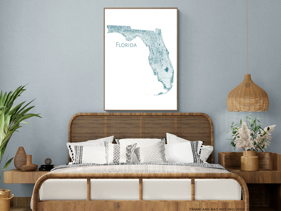 Florida State Map Wall Print Poster with Topographic Contour Line Art and Main Roads