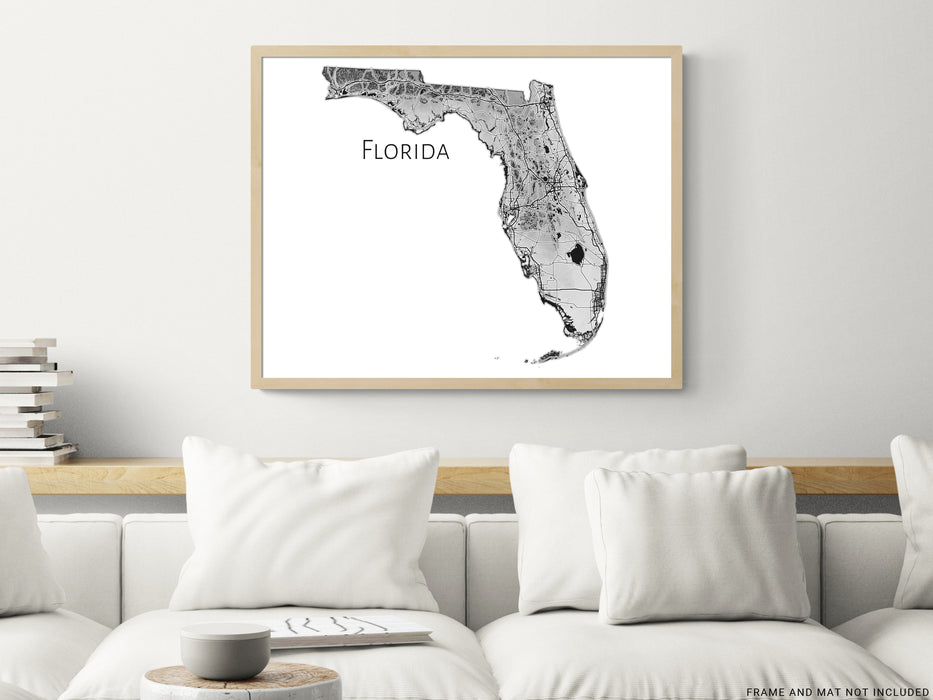 Florida State Map Wall Print Poster with Topographic Contour Line Art and Main Roads