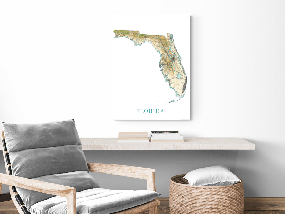 Florida State Map Print Poster, Topographic Wall Decor Landscape Art Terrain Road Maps