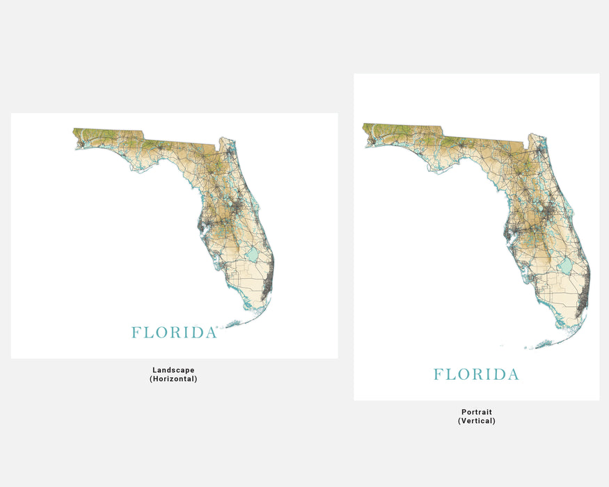 Florida State Map Print Poster, Topographic Wall Decor Landscape Art Terrain Road Maps