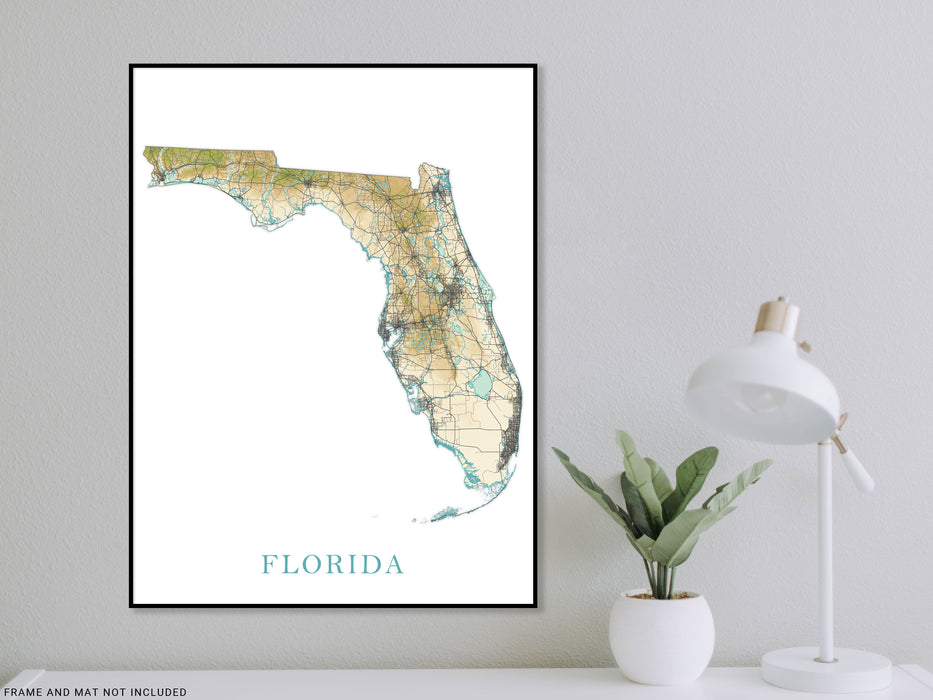 Florida State Map Print Poster, Topographic Wall Decor Landscape Art Terrain Road Maps