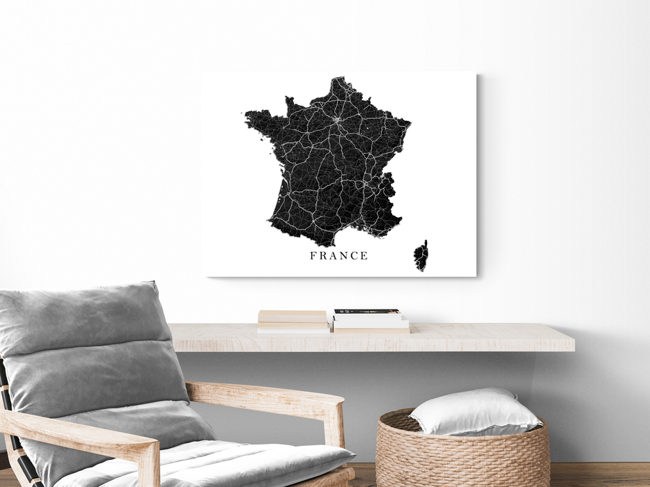 France Map Print Poster, Black and White Topographic Country Wall Art Road Maps, Paris