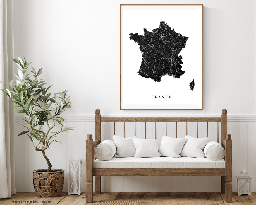 France Map Print Poster, Black and White Topographic Country Wall Art Road Maps, Paris