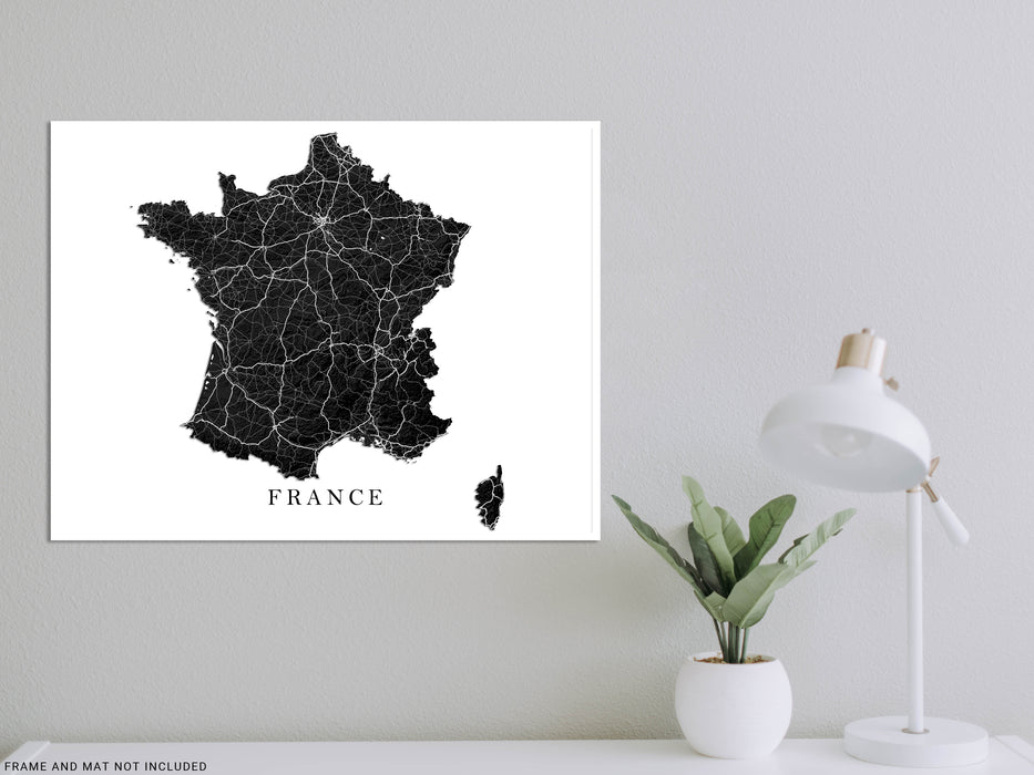 France Map Print Poster, Black and White Topographic Country Wall Art Road Maps, Paris