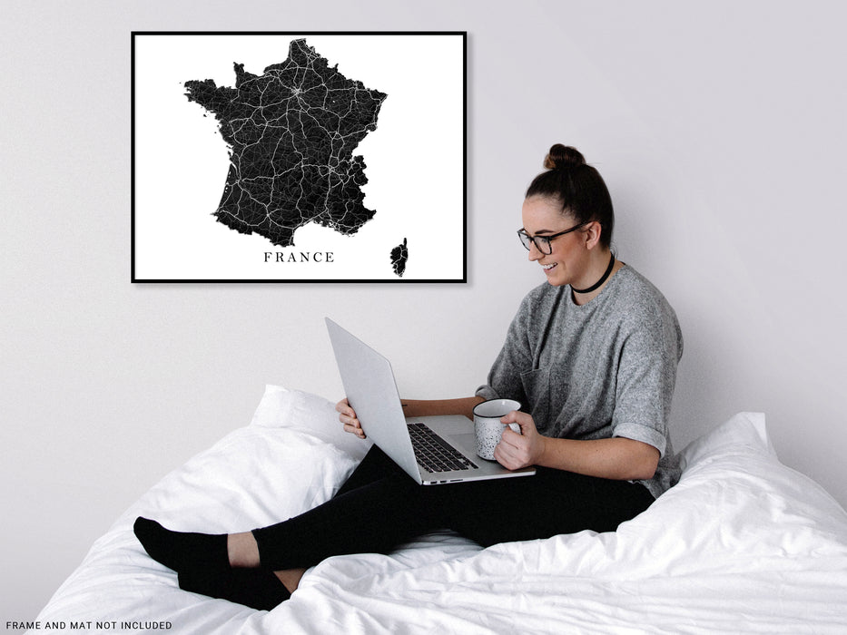 France Map Print Poster, Black and White Topographic Country Wall Art Road Maps, Paris