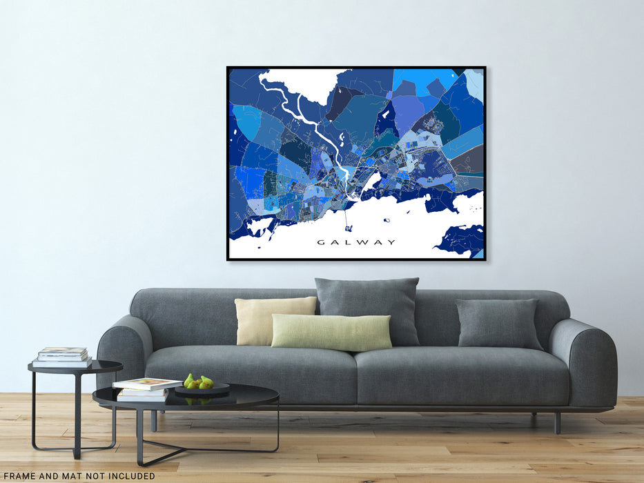 Galway Republic of Ireland City Map Print, Blue Geometric Wall Art Poster Street Maps