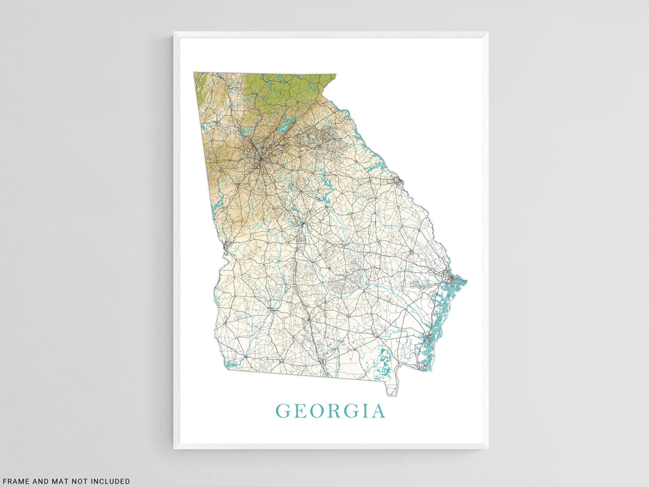 Georgia State Map Print Poster, Topographic Landscape Wall Art Road Maps for Home Decor