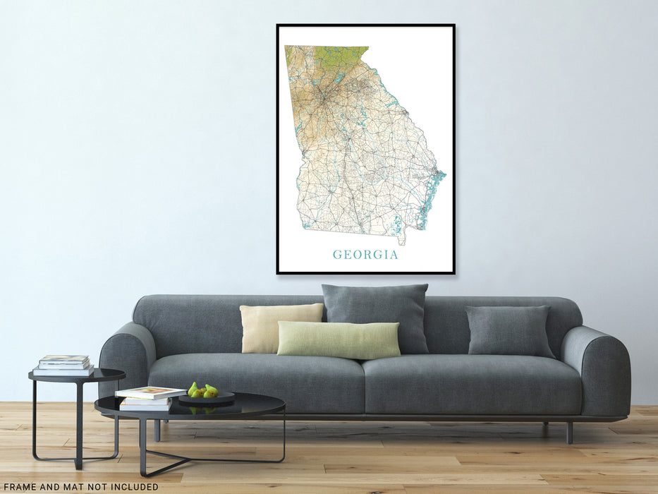 Georgia State Map Print Poster, Topographic Landscape Wall Art Road Maps for Home Decor