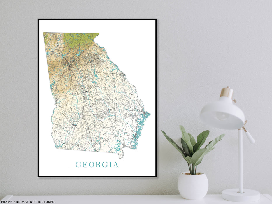 Georgia State Map Print Poster, Topographic Landscape Wall Art Road Maps for Home Decor