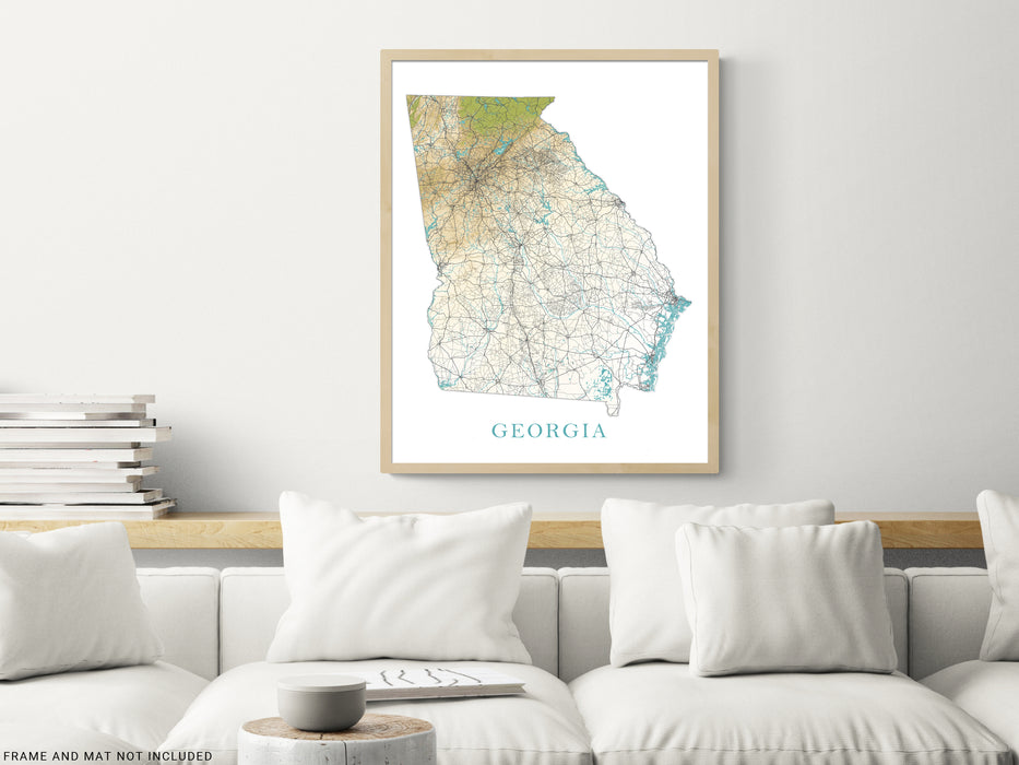 Georgia State Map Print Poster, Topographic Landscape Wall Art Road Maps for Home Decor