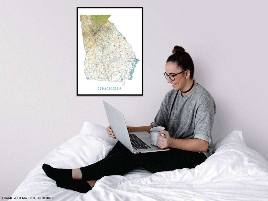 Georgia State Map Print Poster, Topographic Landscape Wall Art Road Maps for Home Decor