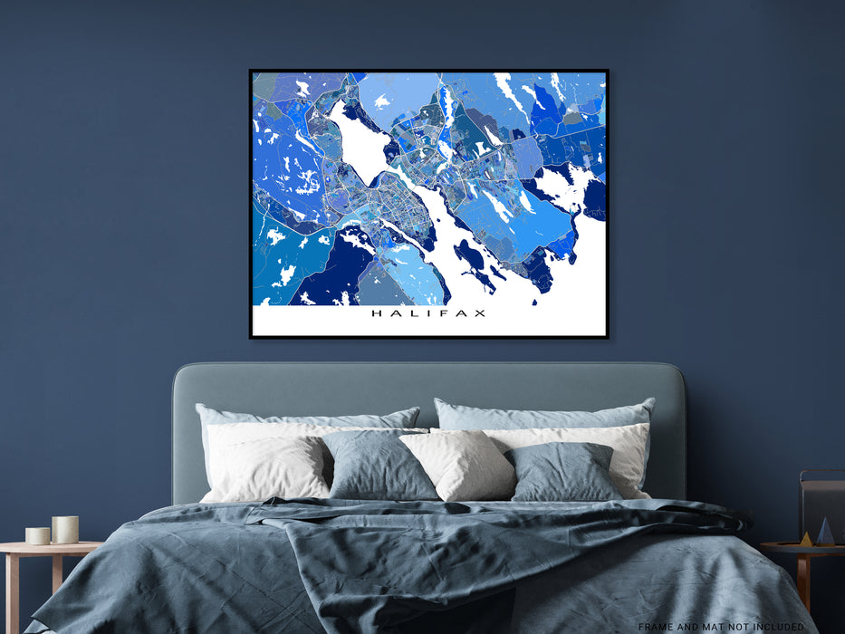 Halifax, Nova Scotia Canada city map print with a blue geometric design by Maps As Art.