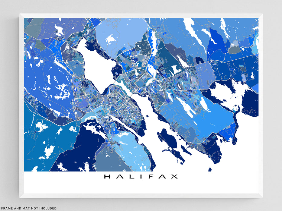 Halifax, Nova Scotia Canada city map print with a blue geometric design by Maps As Art.