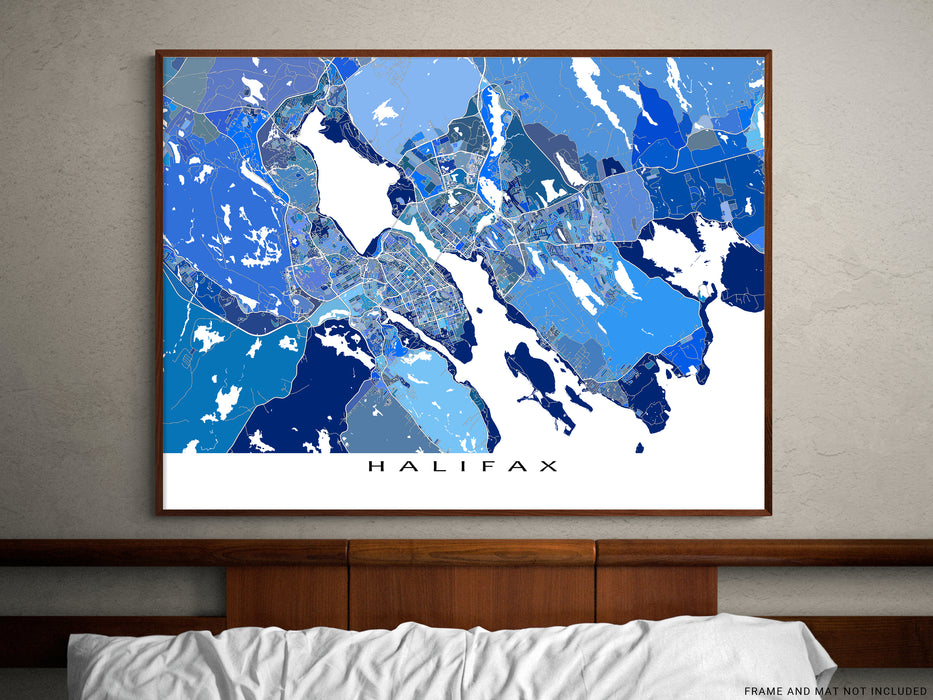 Halifax, Nova Scotia Canada city map print with a blue geometric design by Maps As Art.