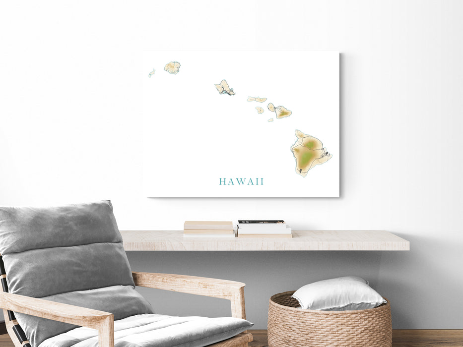 Hawaii Map Print Poster, Topographic Hawaiian Island Wall Art Maps, Maui Oahu Kauai