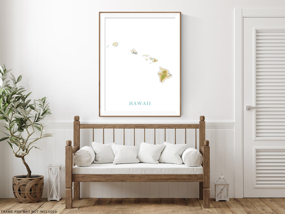 Hawaii Map Print Poster, Topographic Hawaiian Island Wall Art Maps, Maui Oahu Kauai