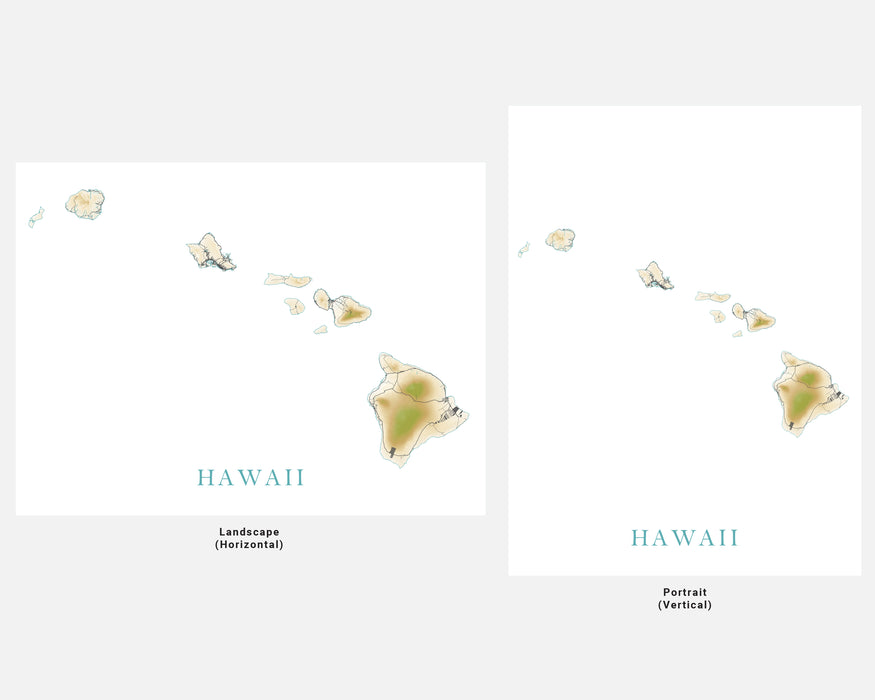 Hawaii Map Print Poster, Topographic Hawaiian Island Wall Art Maps, Maui Oahu Kauai