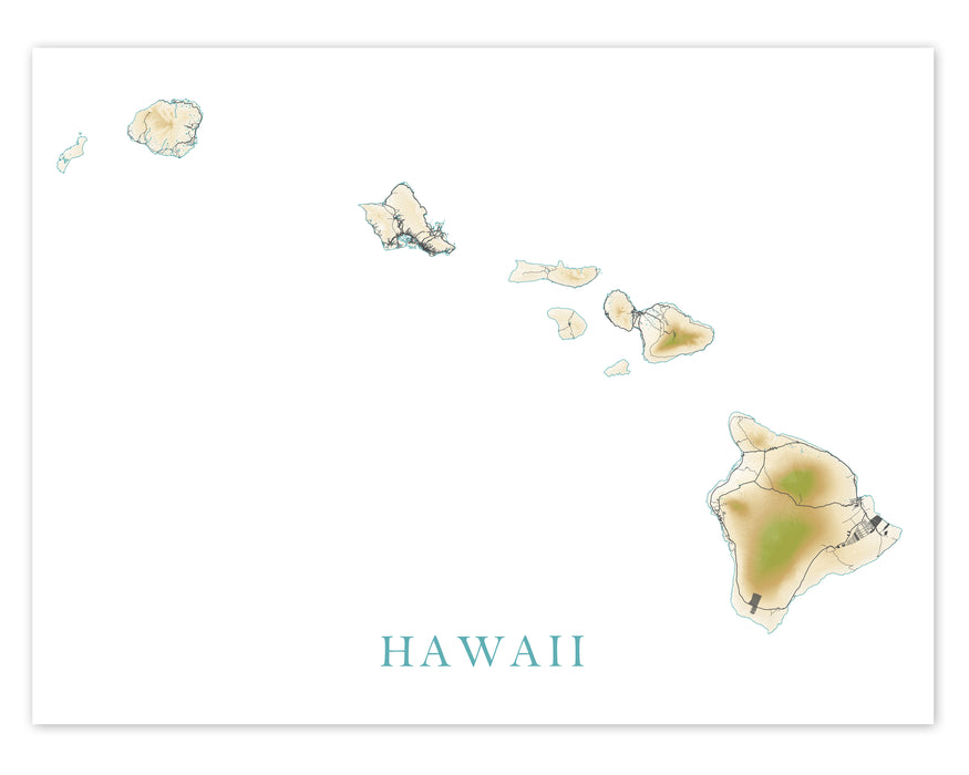 Hawaii Map Print Poster, Topographic Hawaiian Island Wall Art Maps, Maui Oahu Kauai