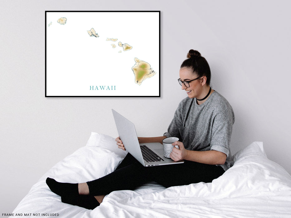 Hawaii Map Print Poster, Topographic Hawaiian Island Wall Art Maps, Maui Oahu Kauai