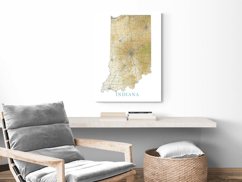 Indiana State Map Print Poster, Topographic Landscape Art Road Maps for Home Wall Decor