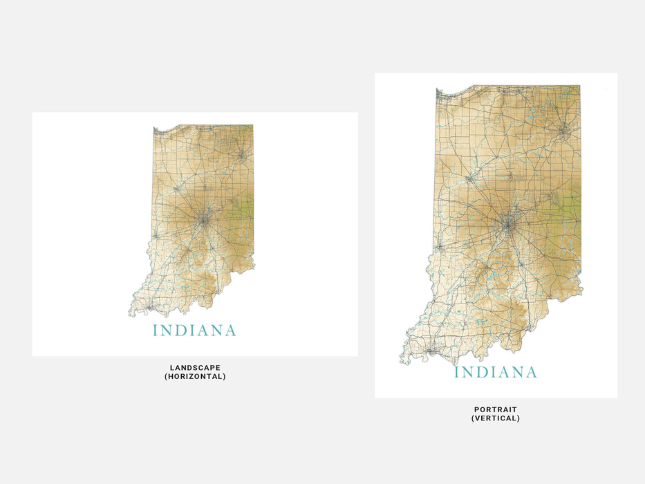 Indiana State Map Print Poster, Topographic Landscape Art Road Maps for Home Wall Decor