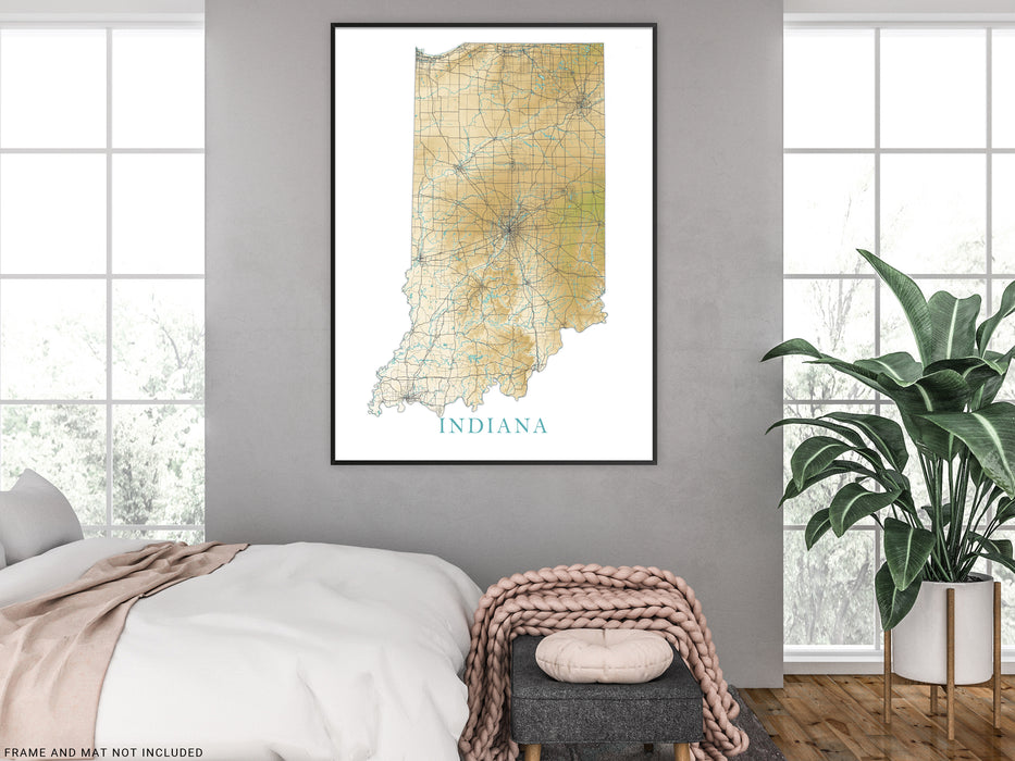 Indiana State Map Print Poster, Topographic Landscape Art Road Maps for Home Wall Decor