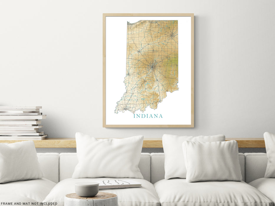 Indiana State Map Print Poster, Topographic Landscape Art Road Maps for Home Wall Decor