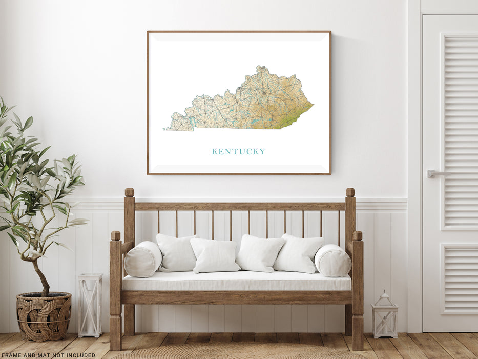 Kentucky State Map Print Poster, Topographic Landscape Art KY Road Maps for Room Wall Decor