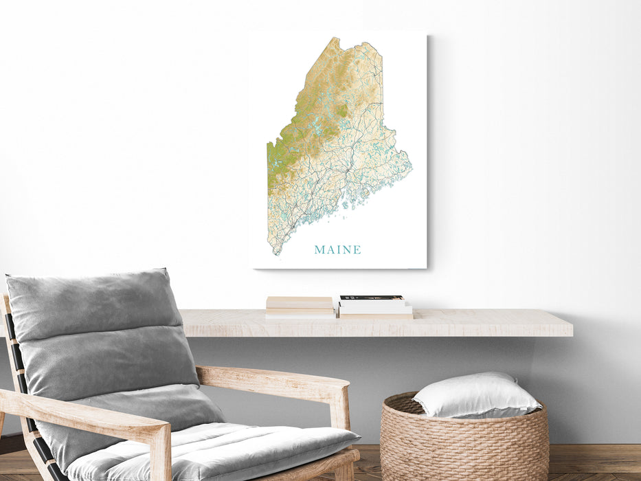 Maine State Map Print Poster, Topographic Landscape Wall Art Road Maps, New England