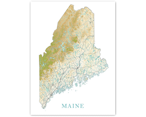 Maine State Map Print Poster, Topographic Landscape Wall Art Road Maps, New England