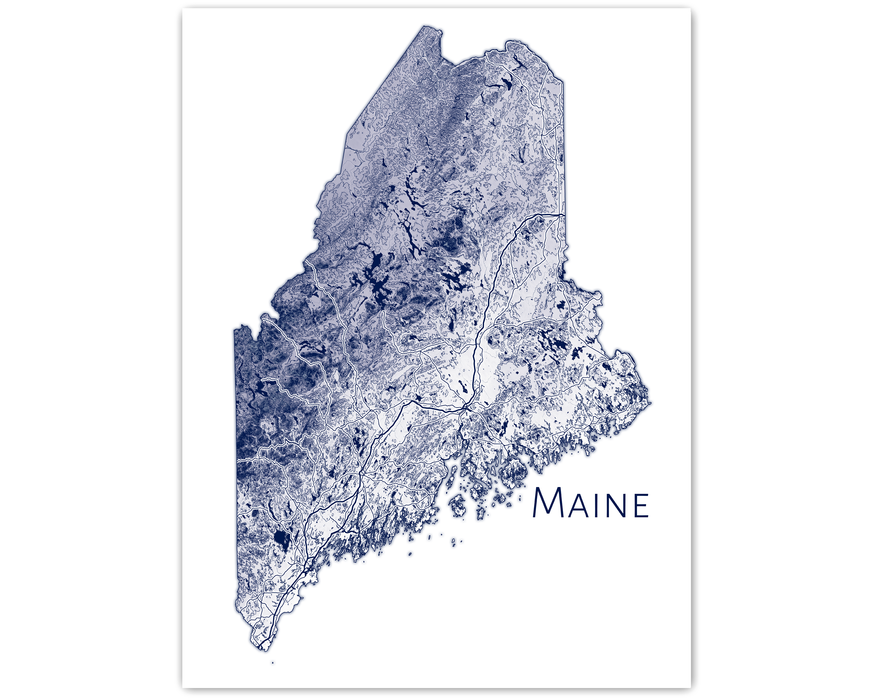 Maine Topographic State Map Wall Art Print Poster with Contour Lines and Main Roads