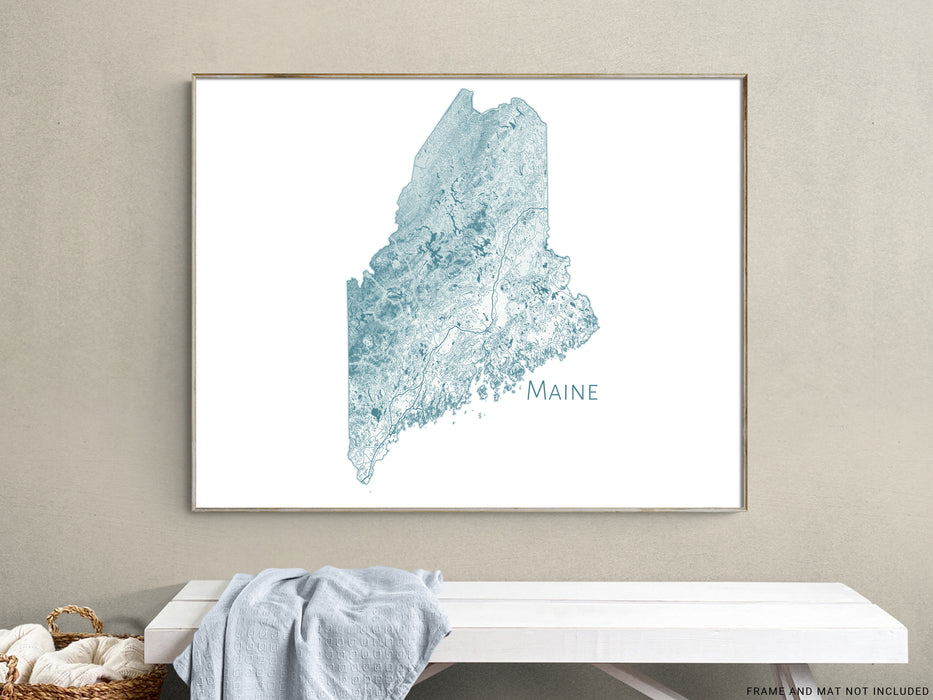 Maine Topographic State Map Wall Art Print Poster with Contour Lines and Main Roads