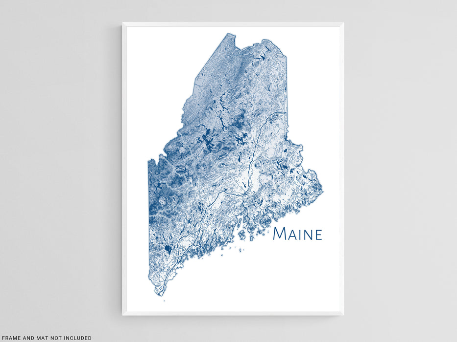 Maine Topographic State Map Wall Art Print Poster with Contour Lines and Main Roads