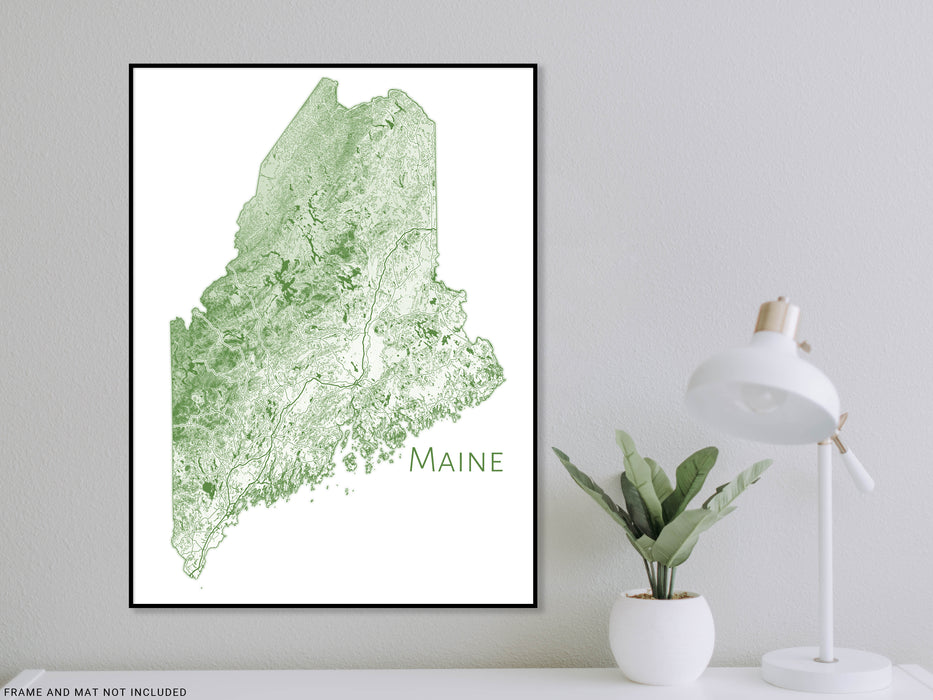 Maine Topographic State Map Wall Art Print Poster with Contour Lines and Main Roads