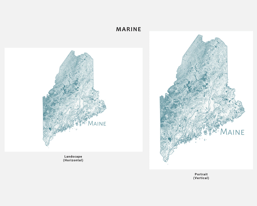 Maine Topographic State Map Wall Art Print Poster with Contour Lines and Main Roads