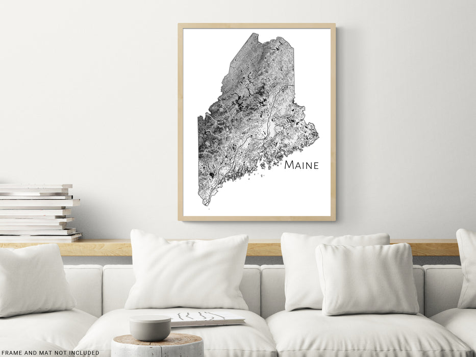 Maine Topographic State Map Wall Art Print Poster with Contour Lines and Main Roads