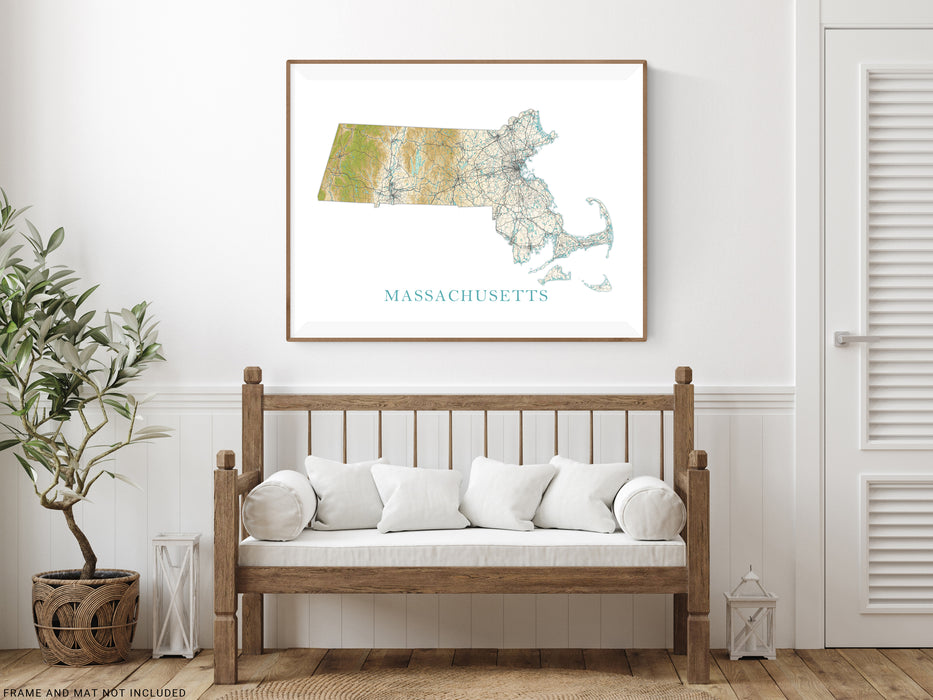 Massachusetts State Wall Art Map Print Poster, Topographic Terrain Landscape MA Road Maps