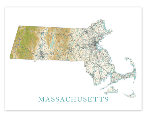 Massachusetts State Wall Art Map Print Poster, Topographic Terrain Landscape MA Road Maps