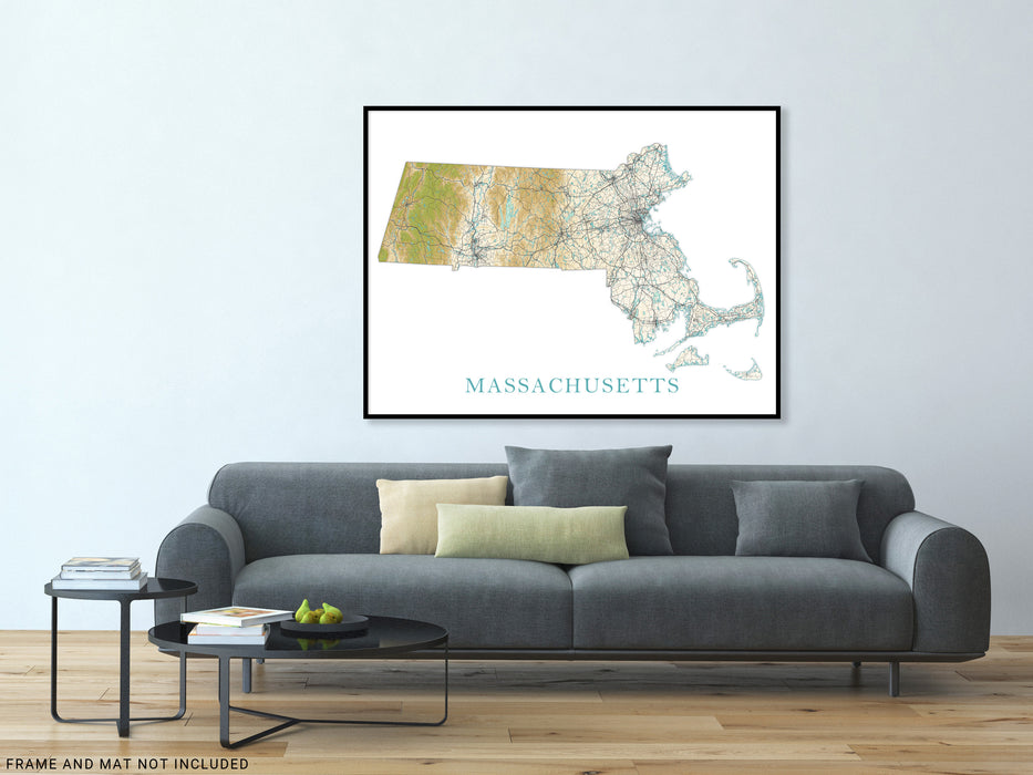 Massachusetts State Wall Art Map Print Poster, Topographic Terrain Landscape MA Road Maps