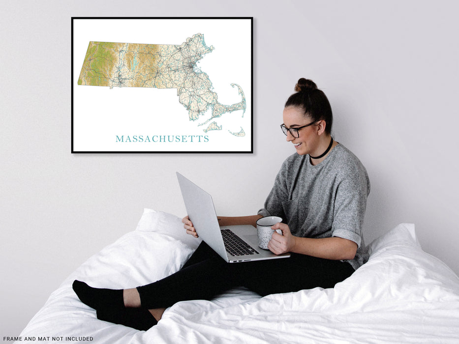 Massachusetts State Wall Art Map Print Poster, Topographic Terrain Landscape MA Road Maps