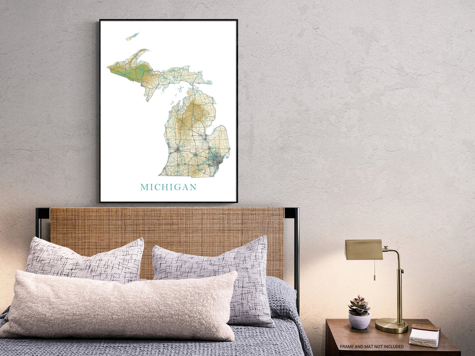 Michigan State Map Print Poster, Home Wall Decor Landscape Wall Art Terrain, MI Road Maps