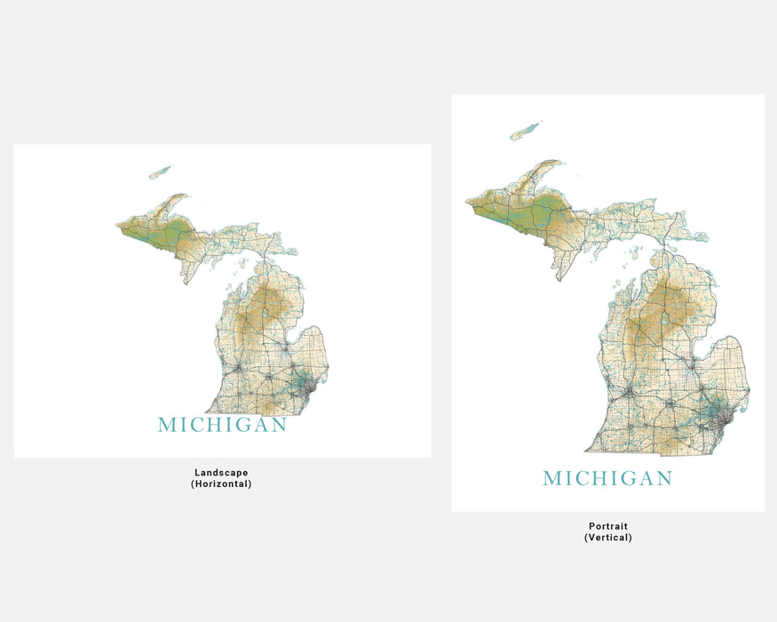 Michigan State Map Print Poster, Home Wall Decor Landscape Wall Art Terrain, MI Road Maps